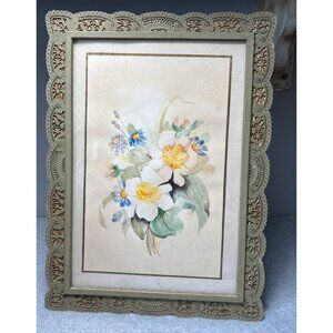 Vintage Floral Watercolor in Ornate Lace-Style Wood Frame 14" x 18"
